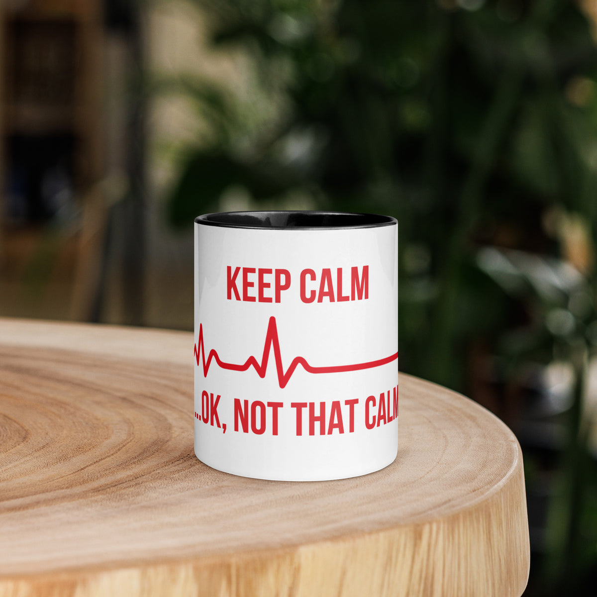 Keep Calm… OK, Not That Calm EKG Mug in black, 11 oz front view