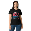 ICU Nurse Women's T-Shirt in Black, front view worn by a model with jeans