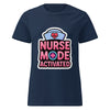 Nurse Mode Activated women's softstyle t-shirt in navy — flat front view of the nurse-cap badge reading NURSE MODE ACTIVATED