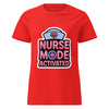Nurse Mode Activated women's softstyle t-shirt in red — flat front view of the nurse-cap badge reading NURSE MODE ACTIVATED