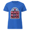Nurse Mode Activated women's softstyle t-shirt in royal — flat front view of the nurse-cap badge reading NURSE MODE ACTIVATED