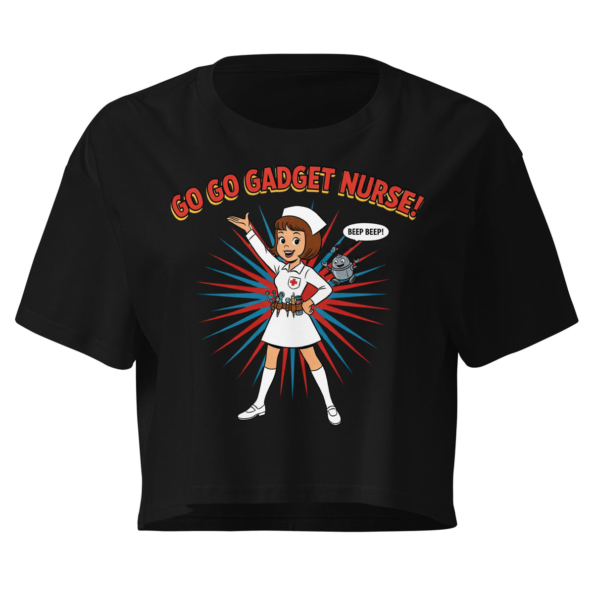 Go Go Gadget Nurse women's crop top in black, front view