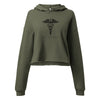 Caduceus over VENI, VIDI, BILLED printed tonal on a Military Green cropped fleece hoodie