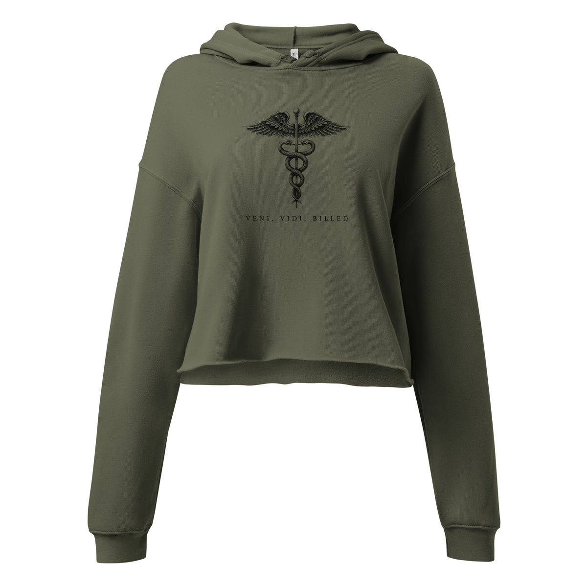 Caduceus over VENI, VIDI, BILLED printed tonal on a Military Green cropped fleece hoodie