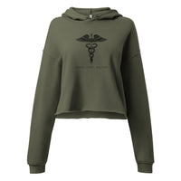 Caduceus over VENI, VIDI, BILLED printed tonal on a Military Green cropped fleece hoodie