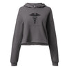 Caduceus over VENI, VIDI, BILLED printed tonal on a Storm cropped fleece hoodie