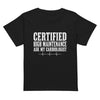 Certified High Maintenance, Ask My Cardiologist women's high-waisted t-shirt in Black, flat lay, front view of the slogan print over a EKG line