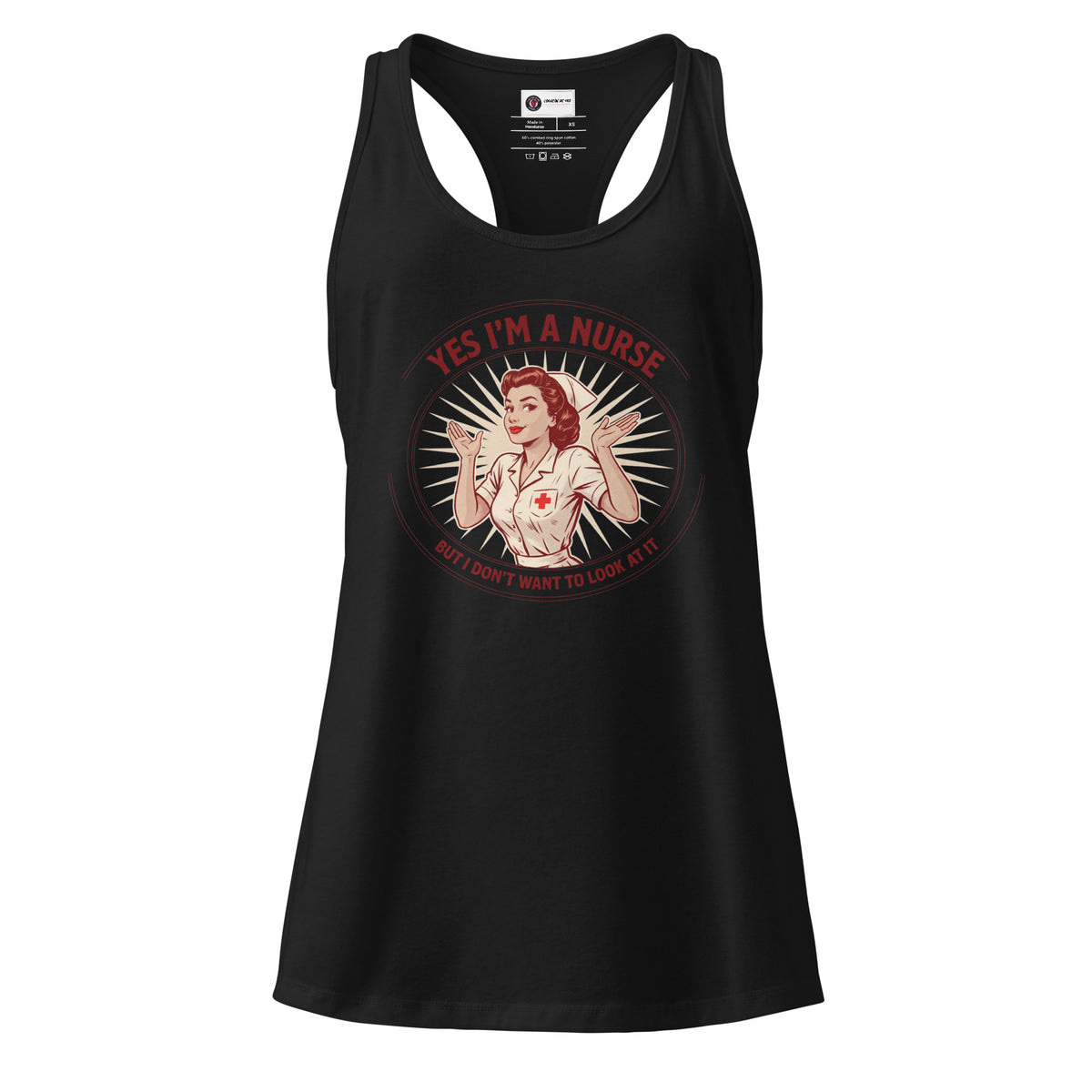 Yes I'm a Nurse, But I Don't Want to Look at It women's racerback tank top in black, front view