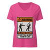 Don't Tell Me How to Do My Job Women's Relaxed V-Neck T-Shirt in Berry, the WARNING safety-sign print across the chest, flat lay, front