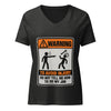Don't Tell Me How to Do My Job Women's Relaxed V-Neck T-Shirt in Dark Grey Heather, the WARNING safety-sign print across the chest, flat lay, front