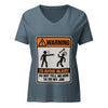 Don't Tell Me How to Do My Job Women's Relaxed V-Neck T-Shirt in Heather Slate, the WARNING safety-sign print across the chest, flat lay, front
