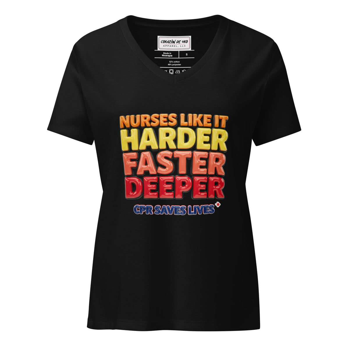 Nurses Like It Harder Faster Deeper, CPR Saves Lives women's V-neck t-shirt in solid black blend, front view