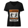 Don't Tell Me How to Do My Job Women's Relaxed V-Neck T-Shirt in Solid Black Blend, the WARNING safety-sign print across the chest, flat lay, front
