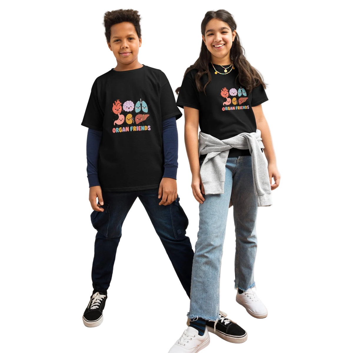 Two kids in black Organ Friends youth t-shirts with smiling cartoon organs, front view